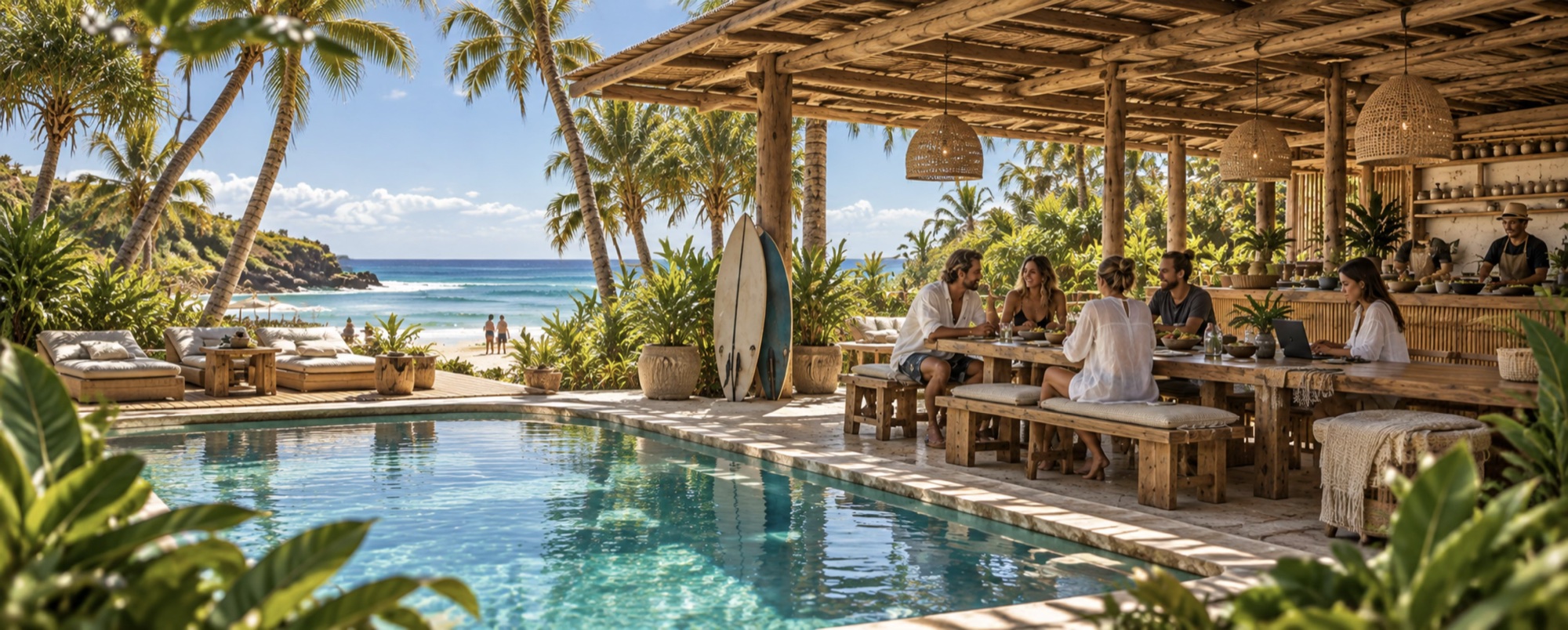 Concept image of people sharing food at an open beachside clubhouse beside a pool