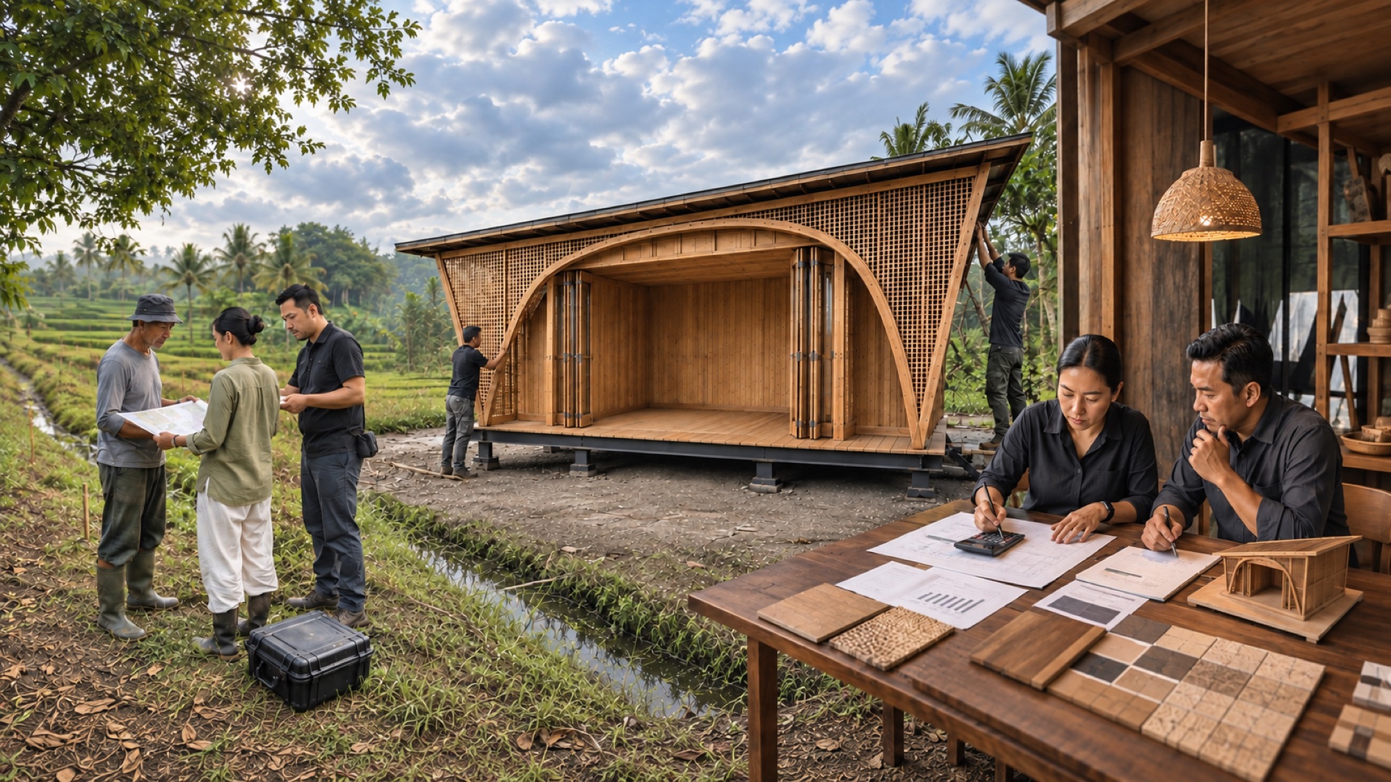 Concept montage of site discussions, a timber hideout and designers reviewing plans and materials
