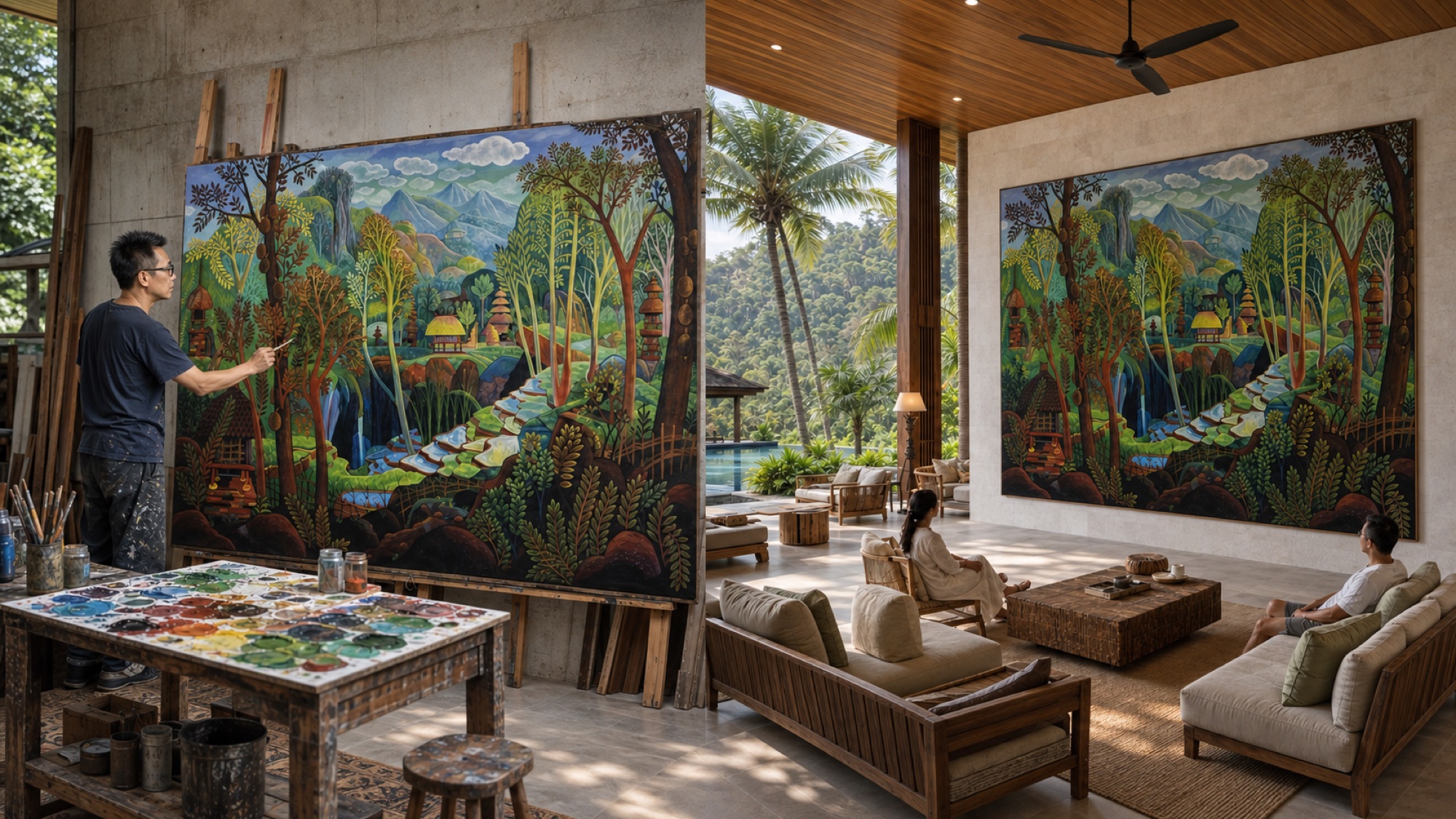 Concept image of a landscape painting in a studio and living space