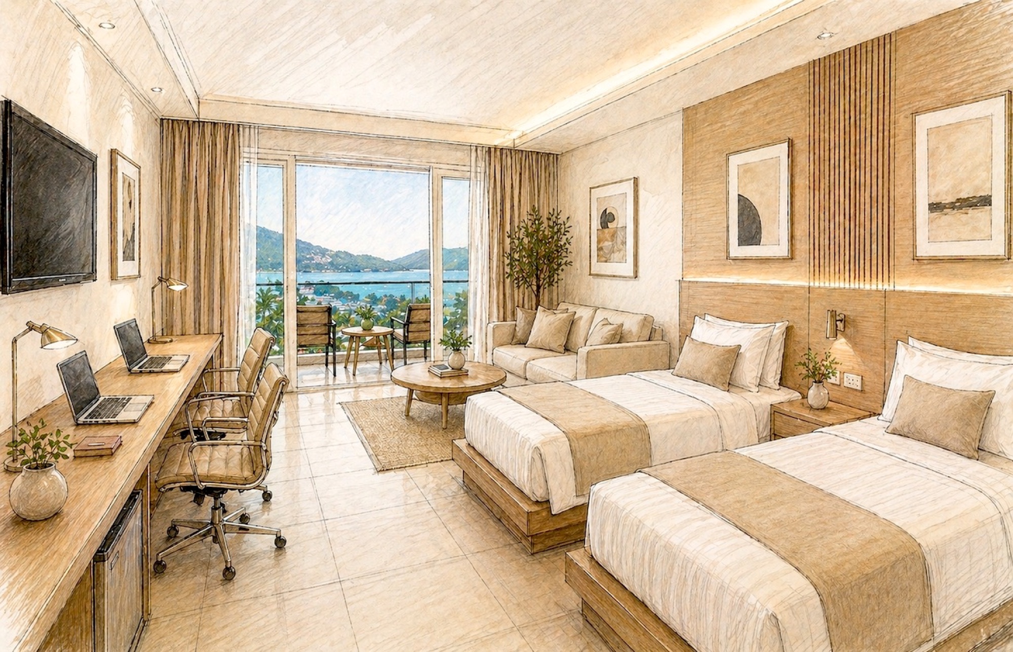 Warm interior concept sketch with twin beds, shared work space, a sofa and a balcony overlooking the sea.