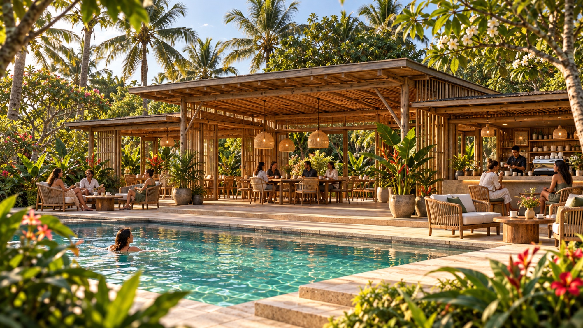 Guests sharing coffee at an open timber café beside a shared swimming pool in a tropical garden.