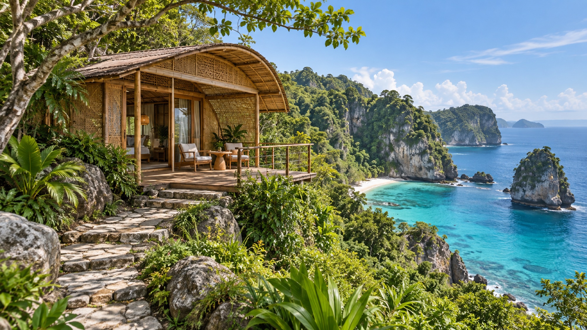 Timber hideout overlooking a lush limestone coastline and turquoise bay — concept.