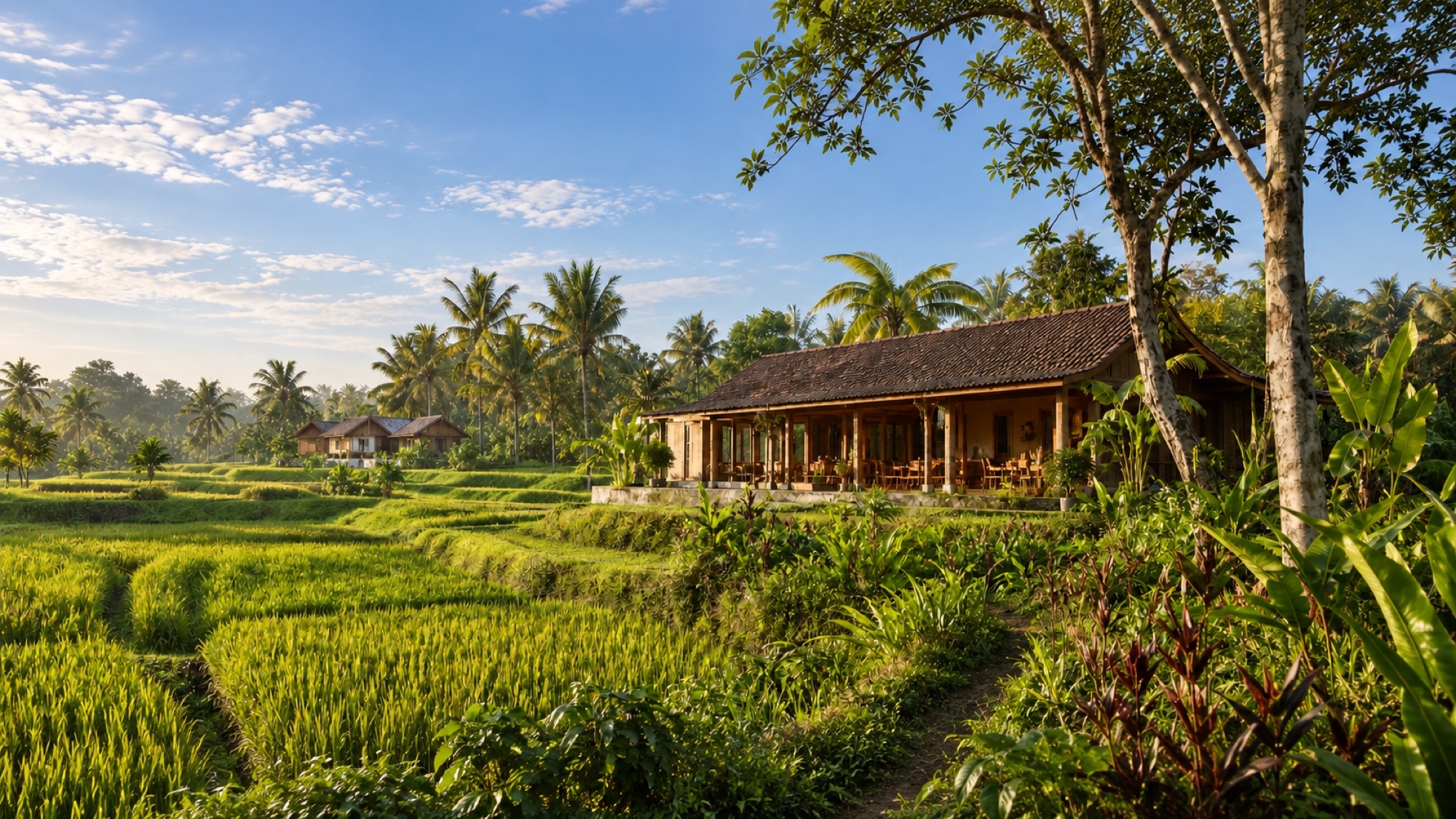 Sunlit rice fields, palms and a timber shared house — farm concept.
