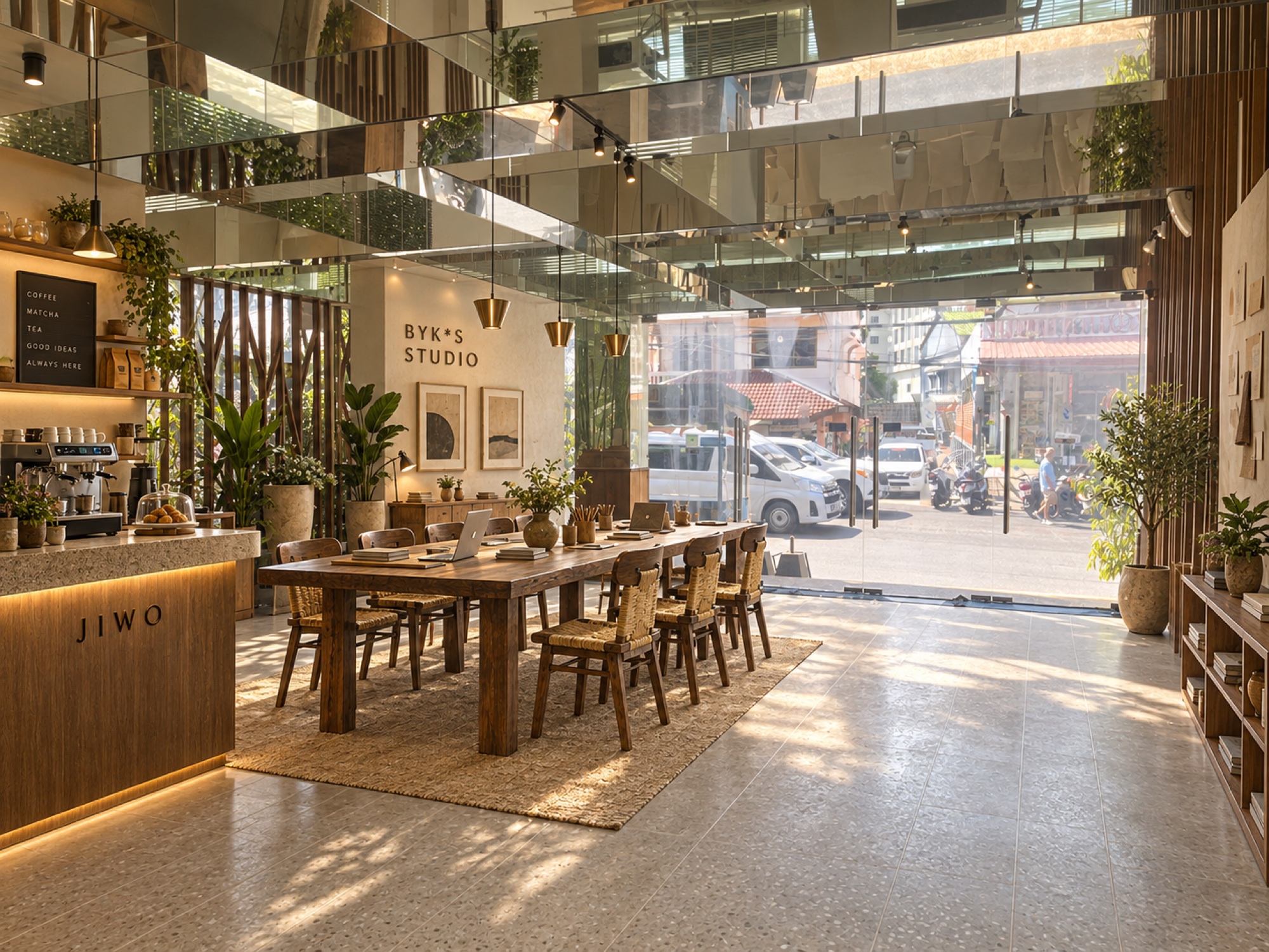Studio concept with shared work tables and a coffee corner