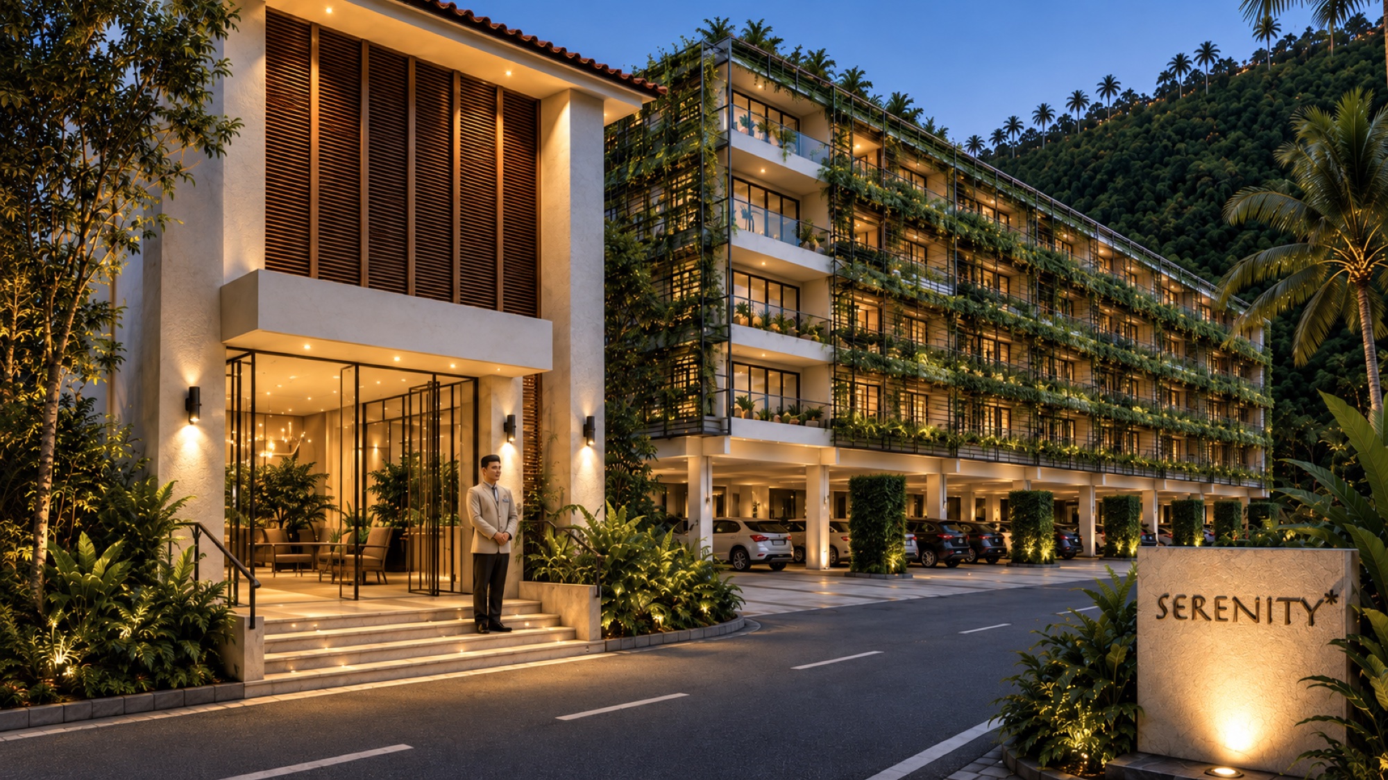 Bedroom building entrance concept at dusk, with planted balconies and a stone sign