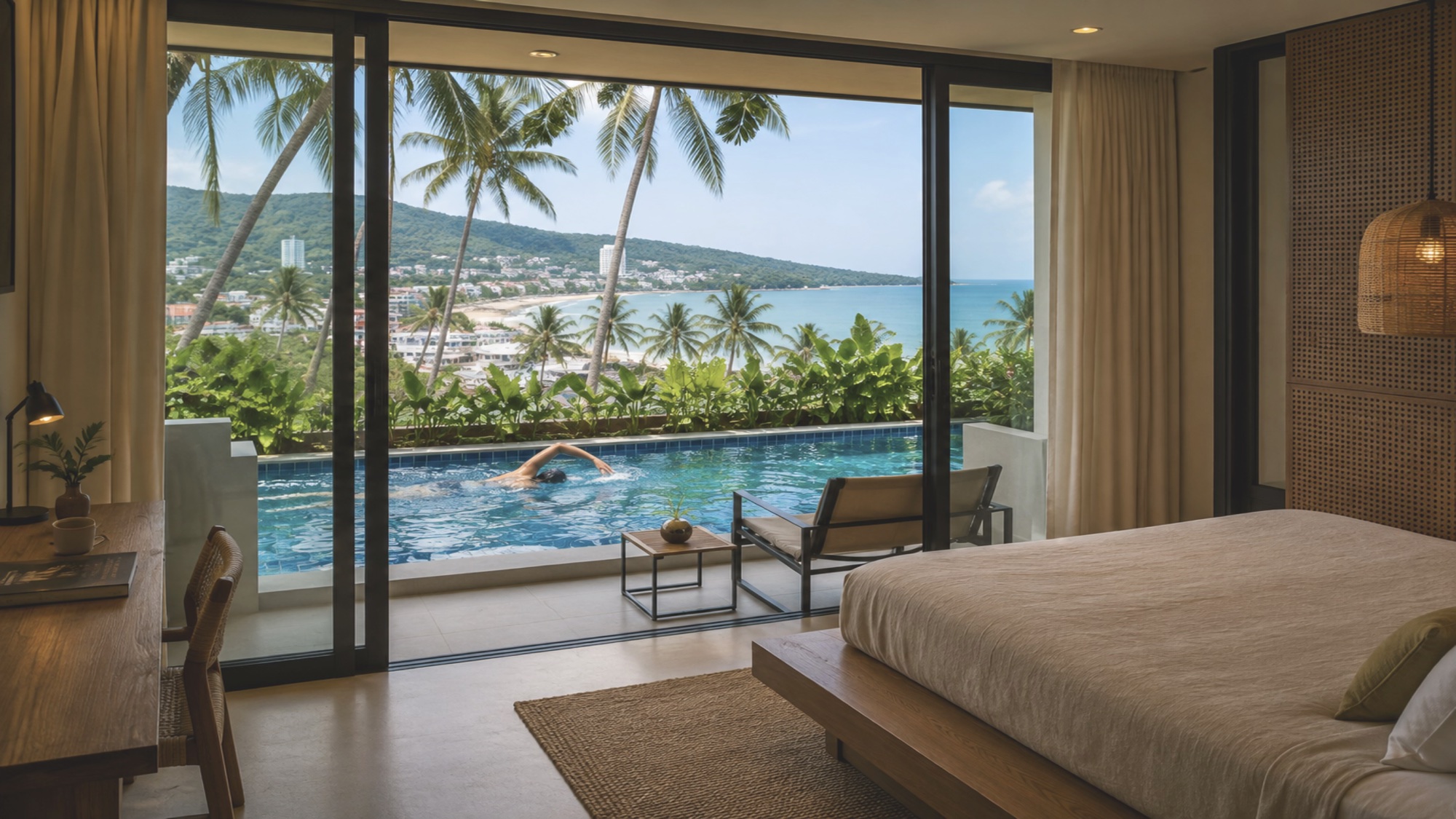 Bedroom concept with warm timber details, a terrace, pool and views across a tropical bay